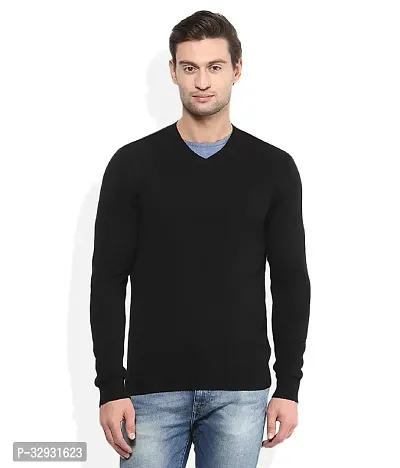 Men's Regular Fit Full Sleeve Winter Wear V-neck Woolen Sweater (Black)-thumb0