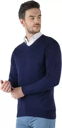 Men's Regular Fit Full Sleeve Winter Wear V-neck Woolen Sweater (Navy)-thumb2