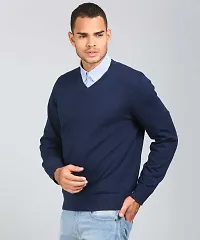 Men's Regular Fit Full Sleeve Winter Wear V-neck Woolen Sweater (Navy)-thumb2