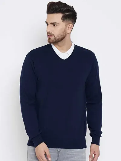 Men`s Fit Regular V-Neck Long Sleeve Winter Wear Woolen Sweater(Navy Full)