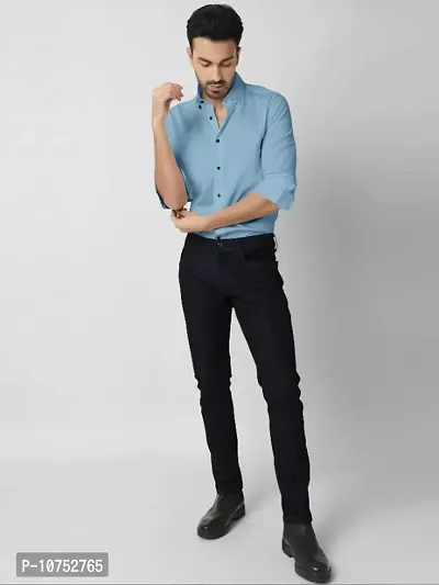 Blue Cotton Solid Casual Shirts For Men