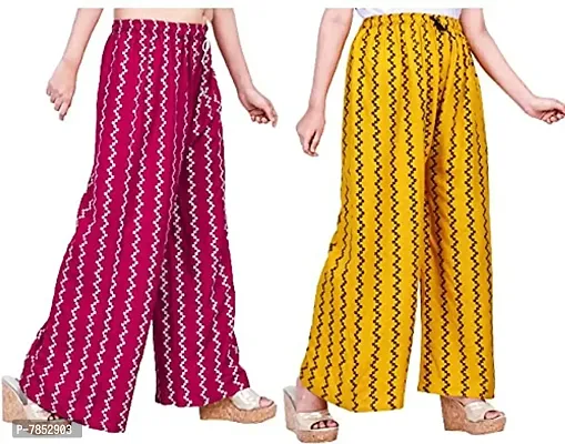 Full Length Printed Rayon Palazzo for Girls and Women with miyani and dori. Pack of 2 (Free Size, Mustard, Pink)-thumb0