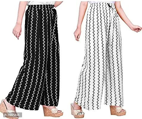 Full Length Printed Rayon Palazzo for Girls and Women with miyani and dori. Pack of 2 (Free Size, Black, White)