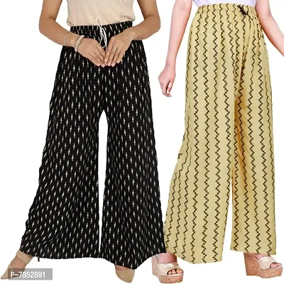 Full Length Printed Rayon Palazzo for Girls and Women with miyani and dori, Pack of 2 in Two Different Design (Free Size, Beige-Back)