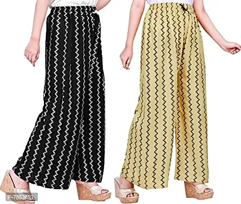 Full Length Printed Rayon Palazzo for Girls and Women with miyani and dori. Pack of 2 (Free Size, Black, Beige)