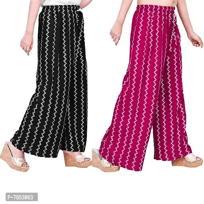 Full Length Printed Rayon Palazzo for Girls and Women with miyani and dori. Pack of 2 (Free Size, Black, Pink)