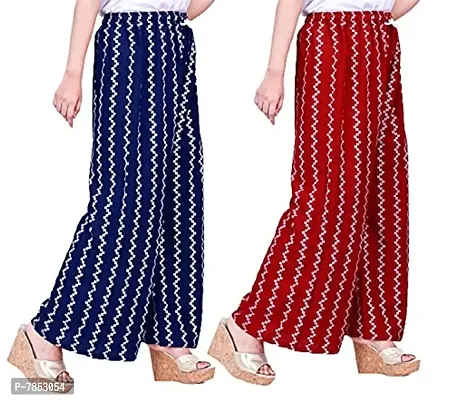 Full Length Printed Rayon Palazzo for Girls and Women with miyani and dori. Pack of 2 (Free Size, Navy Blue, Maroon)