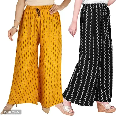 Full Length Printed Rayon Palazzo for Girls and Women with miyani and dori, Pack of 2 in Two Different Design (Free Size, Black-Mustard)