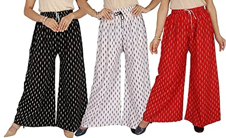 Full Length Rayon Palazzo for Girls, and Women with miyani and dori, Pack of 3. (Free Size, Black-White-Red)