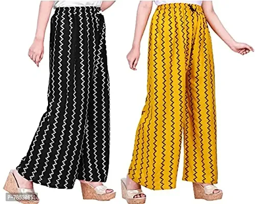 Full Length Printed Rayon Palazzo for Girls and Women with miyani and dori. Pack of 2 (Free Size, Black, Mustard)