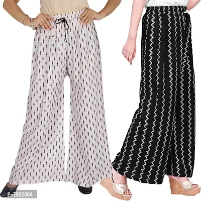 Full Length Printed Rayon Palazzo for Girls and Women with miyani and dori, Pack of 2 in Two Different Design (Free Size, Black-White)