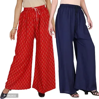 Full Length Printed/Plain Rayon Palazzo for Girls and Women with miyani, and dori, Pack of 2 in Two Different Design (Free Size, Red-Navy Blue)-thumb0