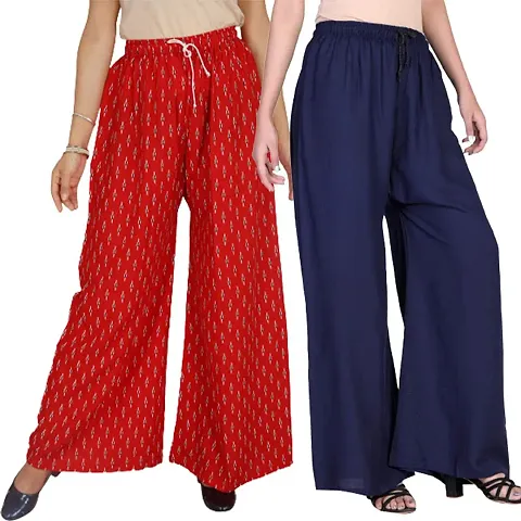 Full Length Printed/Plain Rayon Palazzo for Girls and Women with miyani, and dori, Pack of 2 in Two Different Design (Free Size, Red-Navy Blue)