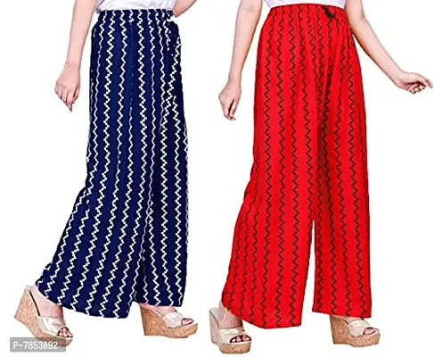 Full Length Printed Rayon Palazzo for Girls and Women with miyani and dori. Pack of 2 (Free Size, Red-Navy Blue)