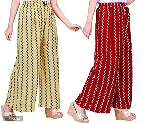 Full Length Printed Rayon Palazzo for Girls and Women with miyani and dori. Pack of 2 (Free Size, Maroon, Beige)