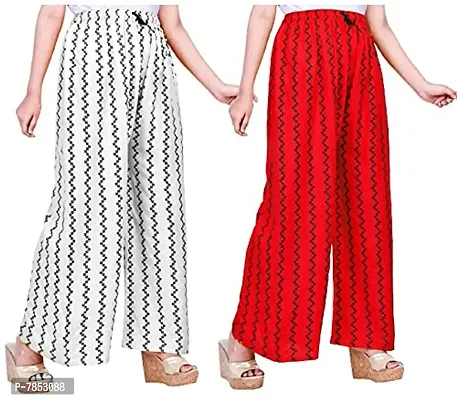 Full Length Printed Rayon Palazzo for Girls and Women with miyani and dori. Pack of 2 (Free Size, White, Red)