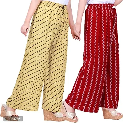 Full Length Printed Rayon Palazzo for Girls and Women with miyani and dori, Pack of 2, in Two Different Design (Free Size, Maroon-Beige)-thumb0