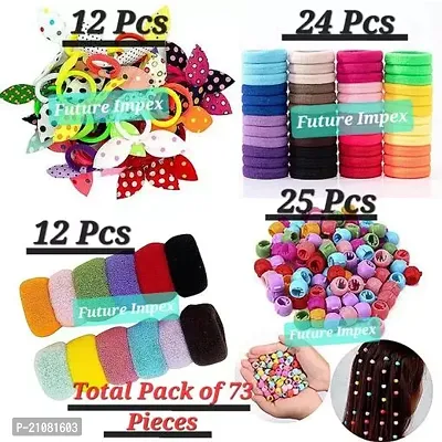 Stylish Fancy Designer 73 Pieces Hair Accessory Combo Pack Of 12 Pieces Bow Rubber Bands, 12 Pieces Towel Rubber Bands, 25 Pieces Mini Small Multi Beads Hair Clips, 24 Pieces Multicolour Rubber Bands For Girls-thumb0