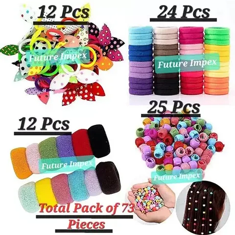 Stylish Fancy Designer 73 Pieces Hair Accessory Combo Pack Of 12 Pieces Bow Rubber Bands, 12 Pieces Towel Rubber Bands, 25 Pieces Mini Beads Hair Clips, 24 Pieces Rubber Bands For Girls