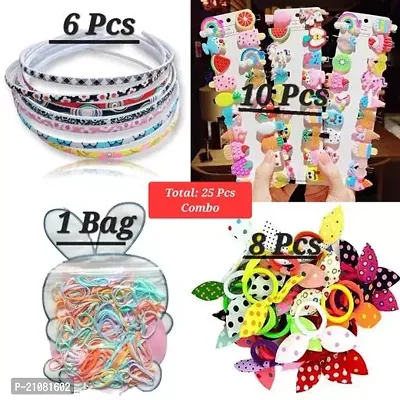 Stylish Fancy Designer Pack Of 25 Combo Includes 6 Pcs Printed Hair Bands, 10 Cartoon Clips, 1 Bag Japanese Hair Rubber, 8 Pcs Rabbit Ear Shape Rubber Band-thumb0