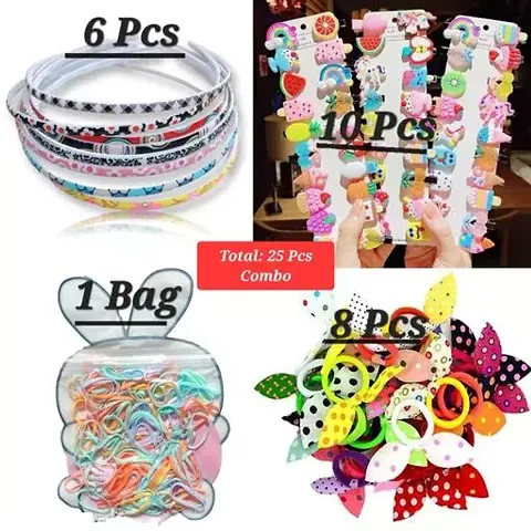 Stylish Fancy Designer Pack Of 25 Combo Includes Pcs Hair Bands, Cartoon Clips, 1 Bag Japanese Hair Rubber, Pcs Rabbit Ear Shape Rubber Band