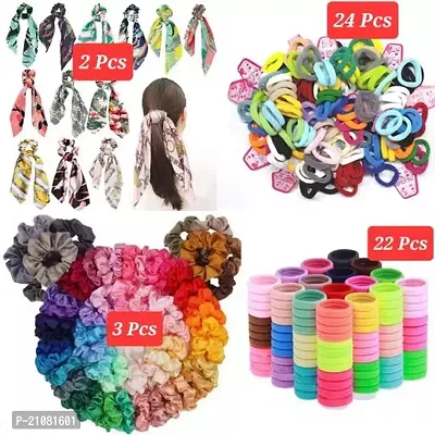 Stylish Fancy Designer Pack Of 51 Combo Includes 2 Floral Hair Scarf With Ribbon, 24 Medium Rubber Bands, 22 Imported Rubber Bands, 3 Regular Velvet Scrunchies For Girls-thumb0