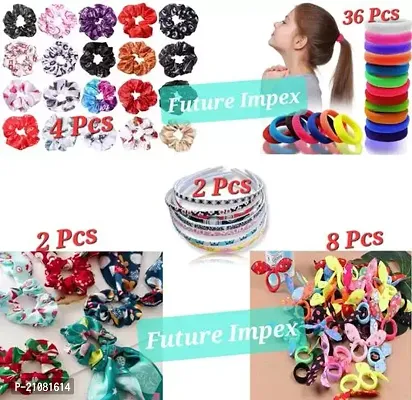 Stylish Fancy Designer Complete Hair Accessories Combo 52-Piece Set 36 Pieces Rubber Bands, 8 Pieces Rabbit Rubber Bands, 2 Pieces Scarf Long Scrunchies, 4 Pieces Round Cotton Blend Scrunchies, 2 Pieces Printed Hair Bands For Girls