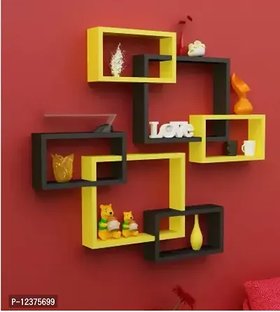 Wooden Yellow And Black Intersecting Wall Shelves for Living Room Shelves of 6&nbsp; - 16 inch x 16 inch-thumb0