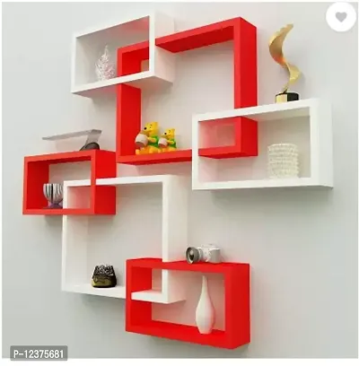 Wooden White And Red Intersecting Wall Shelves for Living Room Shelves of 6&nbsp; - 16 inch x 16 inch-thumb0