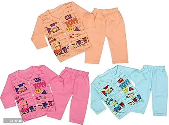 CASTLEY Baby Boy and Baby Girls Cartoon Print Full Sleeves Soft Cotton T-Shirt with Pyjama Pants Dress for Kids Infant Toddler New Born Baby Clothes (Set of 3)-thumb0