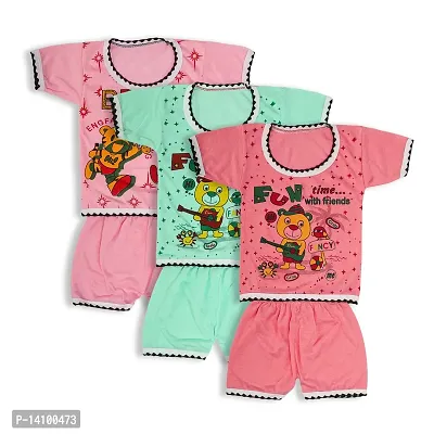 Unisex Clothing Set for Baby Boy and Baby Girl 100% Cotton Tshirt and Shorts Set | Pack of 3) Multi Colored,\ Size from 03 Months Up to 12months)-thumb0