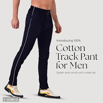 Stylish Navy Cotton Blend Solid Regular Track Pants For Men-thumb2