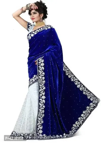 Womens Blue   Velvet  Saree with Blouse piece-thumb0