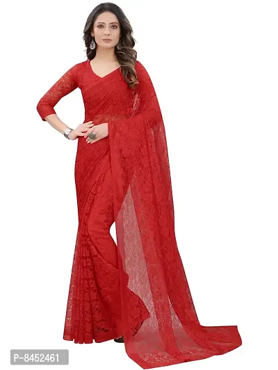 Women Red Floral Pattern Brasso Net Tassels Saree With Unstitched Blouse Piece