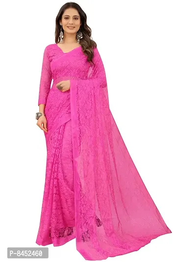 Women Pink Floral Pattern Brasso Net Tassels Saree With Unstitched Blouse Piece