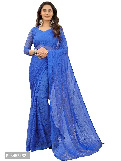 Women Rylblue Floral Pattern Brasso Net Tassels Saree With Unstitched Blouse Piece-thumb0