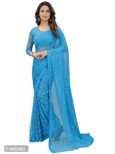Women Sky Blue Floral Pattern Brasso Net Tassels Saree With Unstitched Blouse Piece