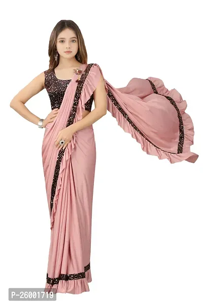 Reday To Wear  Peach Silk Blend Solid Sarees For Girls