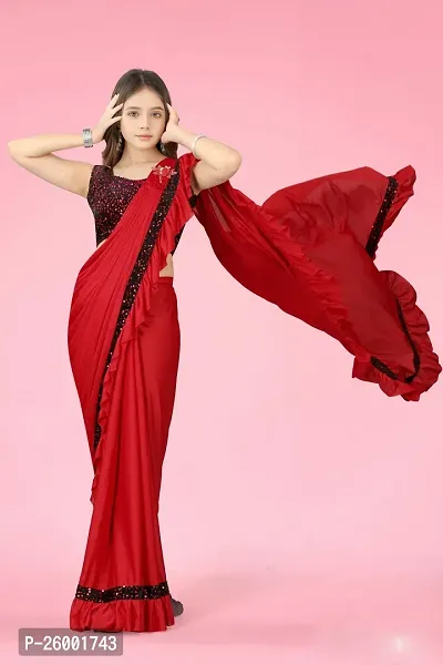 Reday To Wear  Red Silk Blend Solid Sarees For Girls-thumb2