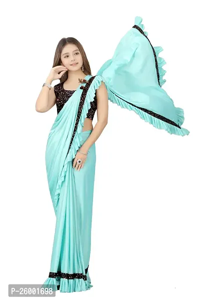 Reday To Wear  Turquoise Silk Blend Solid Sarees For Girls