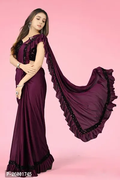 Reday To Wear  Purple Silk Blend Solid Sarees For Girls-thumb3