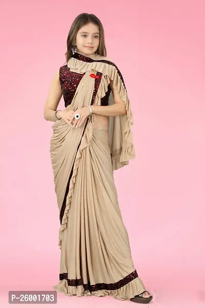 Reday To Wear  Beige Silk Blend Solid Sarees For Girls-thumb4