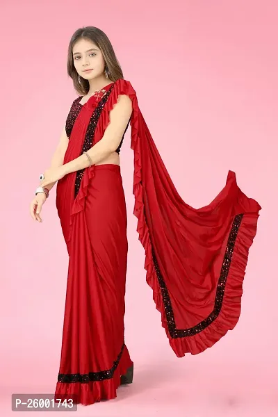 Reday To Wear  Red Silk Blend Solid Sarees For Girls-thumb4
