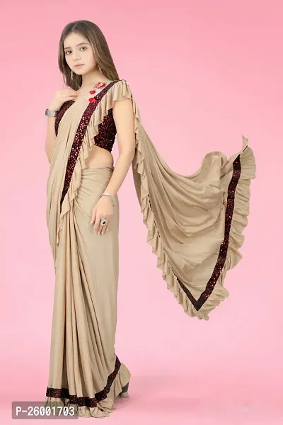 Reday To Wear  Beige Silk Blend Solid Sarees For Girls-thumb3