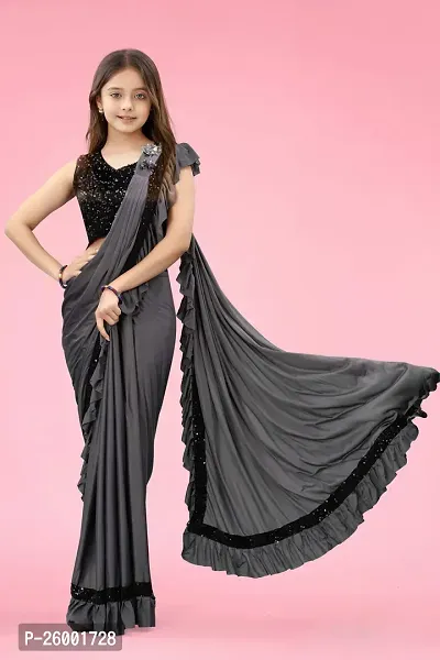 Reday To Wear  Grey Silk Blend Solid Sarees For Girls-thumb3