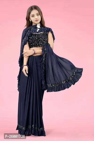 Reday To Wear  Navy Blue Silk Blend Solid Sarees For Girls-thumb3