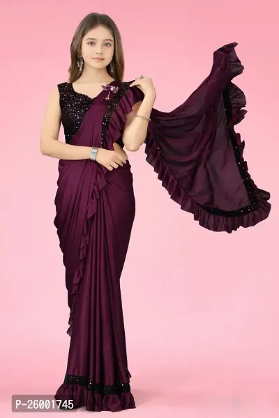 Reday To Wear  Purple Silk Blend Solid Sarees For Girls-thumb4