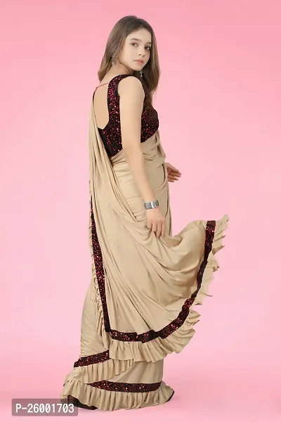 Reday To Wear  Beige Silk Blend Solid Sarees For Girls-thumb2