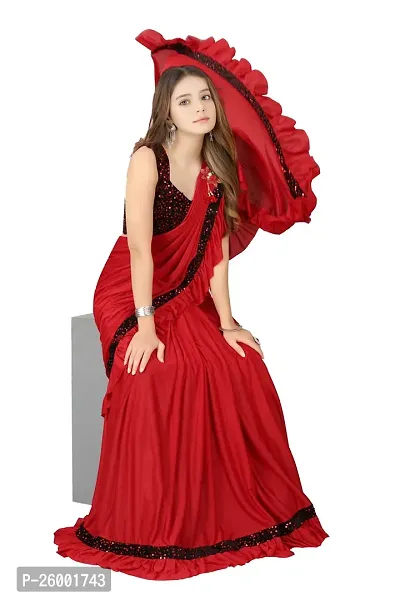 Reday To Wear  Red Silk Blend Solid Sarees For Girls