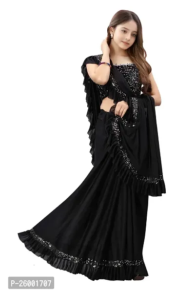 Reday To Wear  Black Silk Blend Solid Sarees For Girls